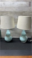 Pair Of Light Blue Glass Small Table Lamps 18" Hig