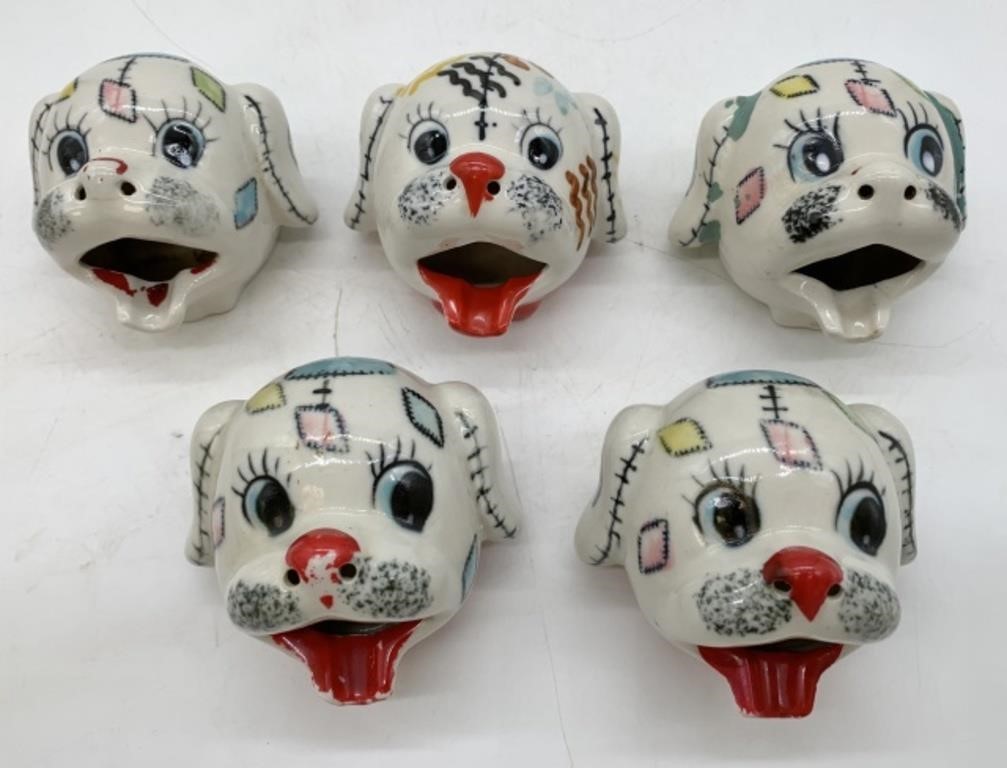 lot of 5 Ceramic Dog Head Ashtrays