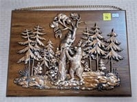Grizzly Bear Brass Sculpture on Wood Plaque