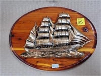 Sail Ship Brass Sculpture on Wood Plaque