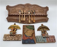 4-Wooden Carved Spoons, Rack, Plaque, other