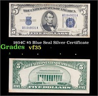 1934C $5 Blue Seal Silver Certificate Grades vf++