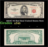 1953C $5 Red Seal United States Note Grades xf