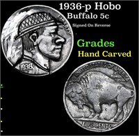 1936-p Hobo Buffalo Nickel 5c Grades Hand Carved