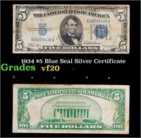 1934 $5 Blue Seal Silver Certificate Grades vf, ve