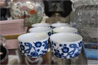 BLUE DECORATED POTTERY TEA CUPS - MARK ON BASE