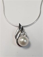 $160 Silver Fresh Water Pearl And Cz 16"  Necklace