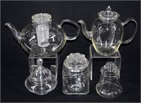 2 Glass Tea Pots + 3 Lidded Glass Containers