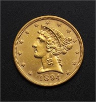 1894 Liberty Gold Half Eagle $5 Coin