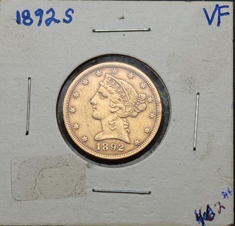 1892-S Liberty Gold Half Eagle $5 Coin