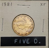 1881 Liberty Gold Half Eagle $5 Coin
