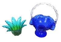 FENTON GLASS BASKET VASE & BLUE/GREEN FLOWER VASE