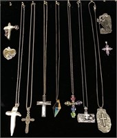 (11) STERLING SILVER CROSS NECKLACES, PENDANTS,