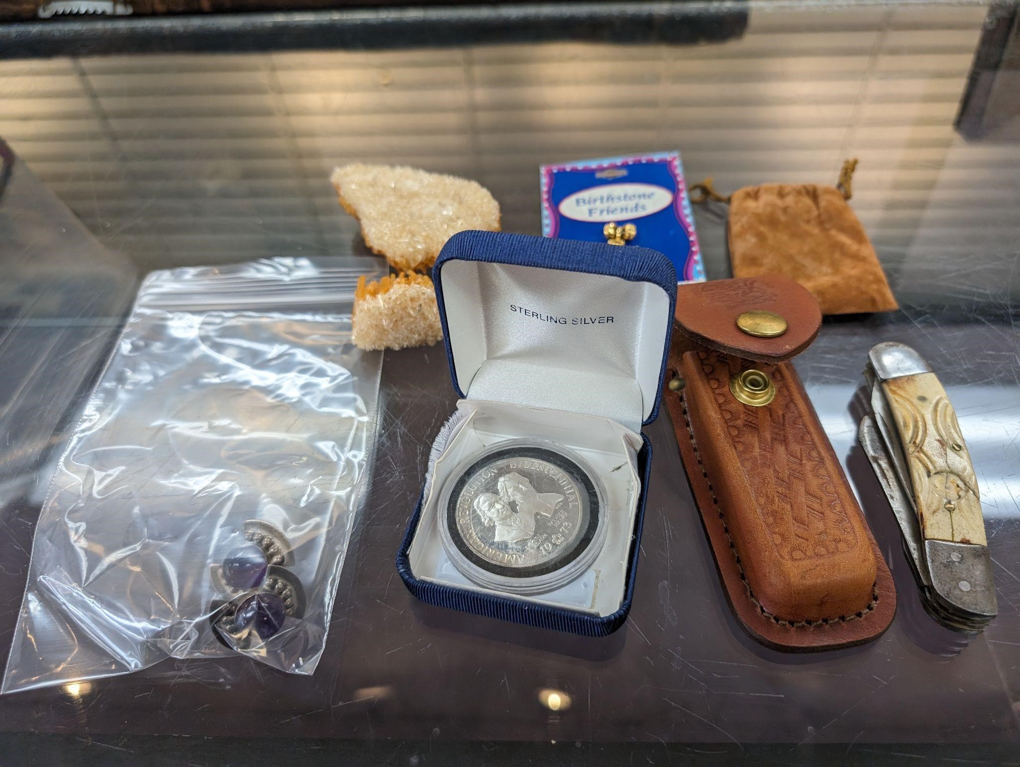 Silver Coin, Amethyst Earrings, Knife, Angel Charm
