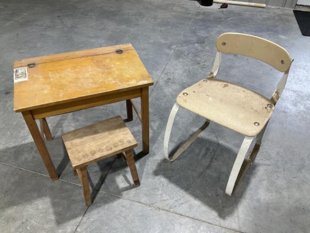 Child’s Wood Desk with Stool, Metal Chair