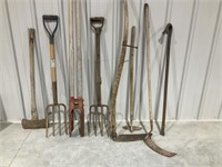 2 Pitch Forks, Post Hole Digger, Axe, Pry Bar,