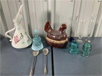 Glass Vase, Pitcher, Bell, Chicken Covered Dish