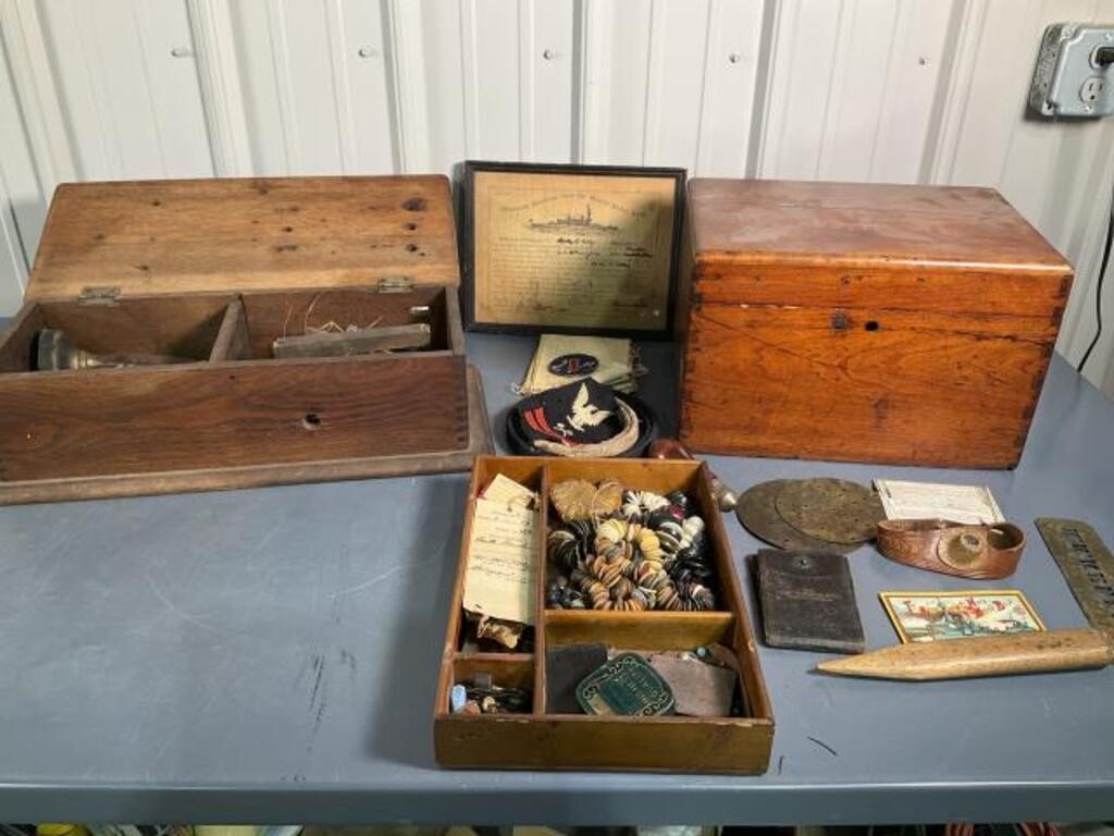 Wooden Box with Contents and Antique Phone