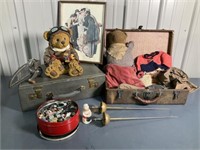 Vintage Suitcases, Teddy Bear, A Tin of Buttons,