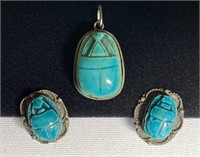 Egyptian Hallmarked Faience Scarab Earrings &