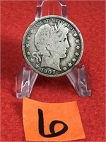 Barber Half Silver Dollar Coin, 1907 O