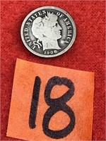 Barber Silver Ten Cent Coin, 1908