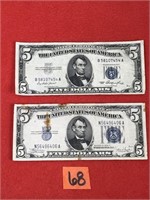 1934 and 1953 Silver $5 Blue Seal Dollar Bills