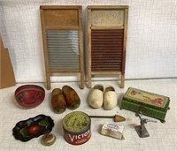 Vintage Wash Boards, Wood Shoes, Bank, Victor