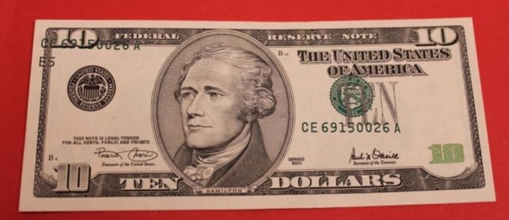 Error U.S Currency 2001 $10 note with