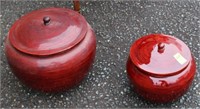 Two Red Chinese Lidded Bamboo Jars