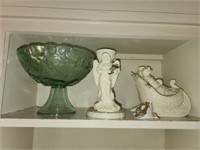 Shelf lot of glass bowl figurines and more