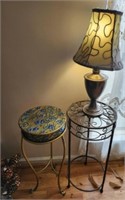 Two Metal Plant Stand Side Tables and Small Lamp