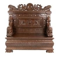 Massive Carved Oak Hall Bench