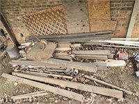 Estate lot of wood, rack, wheelbarrow