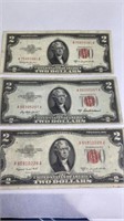 (3) 1953 Red Seal $2 bills off-center prints