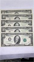 (5) UNCIRCULATED 1995 $10 bills consec. serial #s