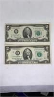 (2) 1976 F & L series $2 bills w/error off-center