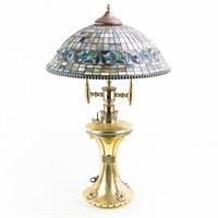 Converted Brass Oil Lamp With Tiffany Style Shade