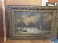 Antique winter scene painting on artist board
