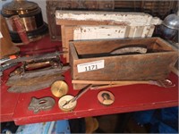 Small wood box, old food choppers, compass and