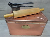 Copper Bread Box w/Rolling Pin & Smasher