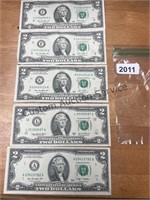 5 $2 dollar bills, (4) 2013 and (1) 2009