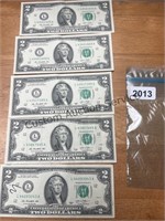 set of 5 2013 $2.00 bills