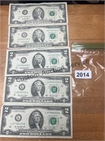 (5) $2.00 bills, misc years