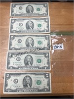 (5) $2.00 bills (2)2013, 2003,2009,1995