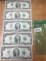 set of 5 $2.00 bills, (2)2003, (3)2009