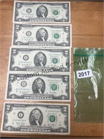5 $2.00 bills (2)2013, (2)2009, 2003
