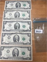 5 $2.00 bills, (2)1995, 2003, (2) 2013