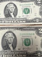 set of 5 $2.00 bills