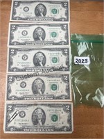 set of 5 $2.00 bills